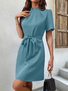 SHEIN Clasi 褶皺短袖腰帶連衣裙 - 藍色 - 查看 6