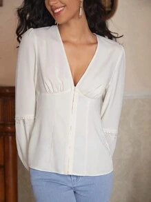 KES Blusa de mujer de estilo de negocios casual con manga farol y corpiño falso, para vacaciones, primavera, festivales y oficina