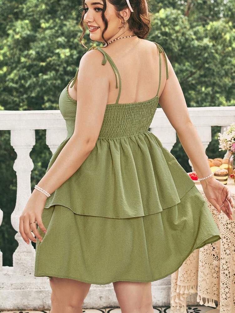 Plus Size Sage Green Summer Dress For Women,Curve Ruffle Trim Spaghetti Strap A-Line Picnic Party Dress,Pleated Bust Country Concert Outfit