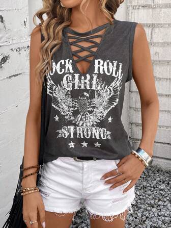 SHEIN LUNE Damen Leicht Sommer Cross Neck Locker Sitzend Adler Buchstaben Muster Tank Top Grafik T-Shirts Damen Oberteile