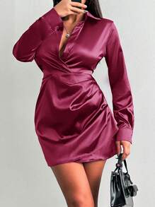 EURMUSE Women's Wrap Design Ruched Dress - Burgundy - View 4