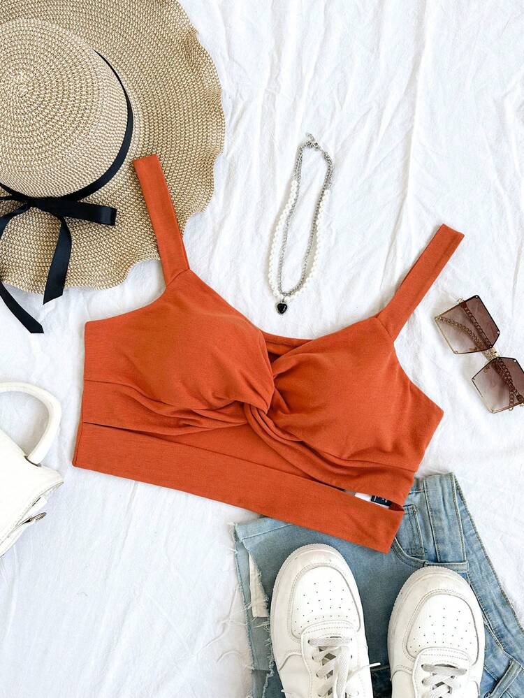 Plus Size Solid Color Twist Knot & Cut Out Crop Cami Top