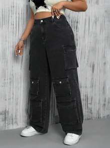 SHEIN EZwear 大碼翻蓋口口袋休閒工作直筒牛仔褲 - 黑色 - 查看 5