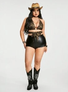 ROMWE Grunge Punk Plus Size Leopard Print Strappy Cami Top With Sexy Tie Design