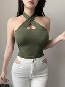 Dazy Designer Ladies' Solid Color Sleeveless Tight-Fitting Halter Top With A Sense Of Design Summer Easter - Green - View 7