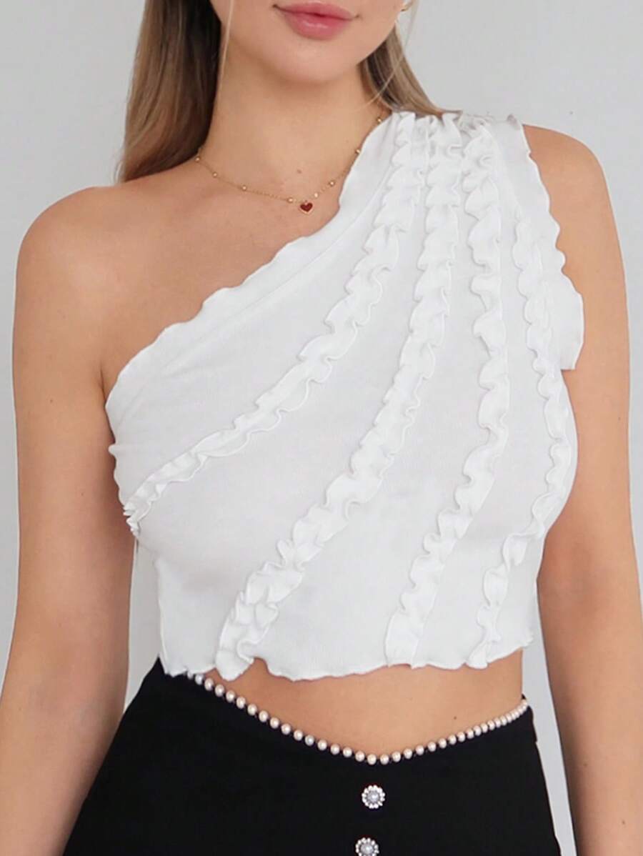 SHEIN Privé Top Femenino De Un Hombro Con Ribete De Volante