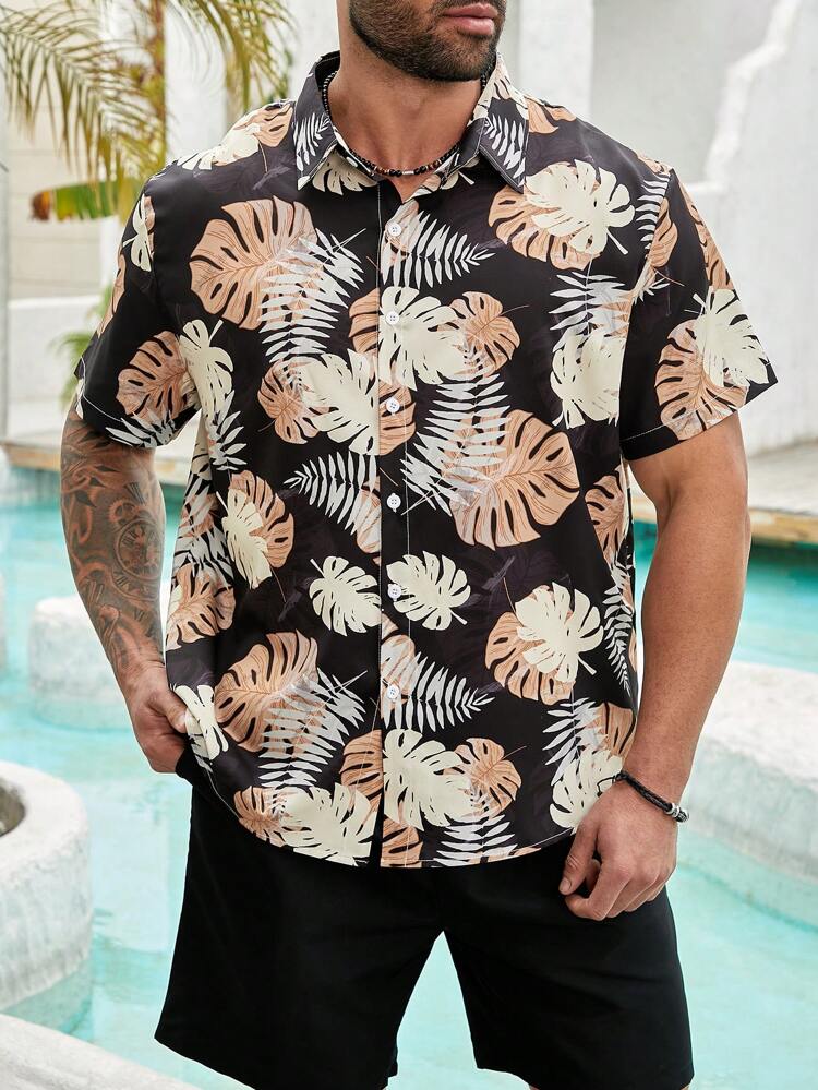 Men's Plus Size Botanical Print Shirt And Solid Color Shorts Holiday Two Pieces Set