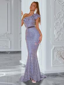 ADYCE Women's One-Shoulder Ruffle Sequin Solid Party Dress - Grey - View 5