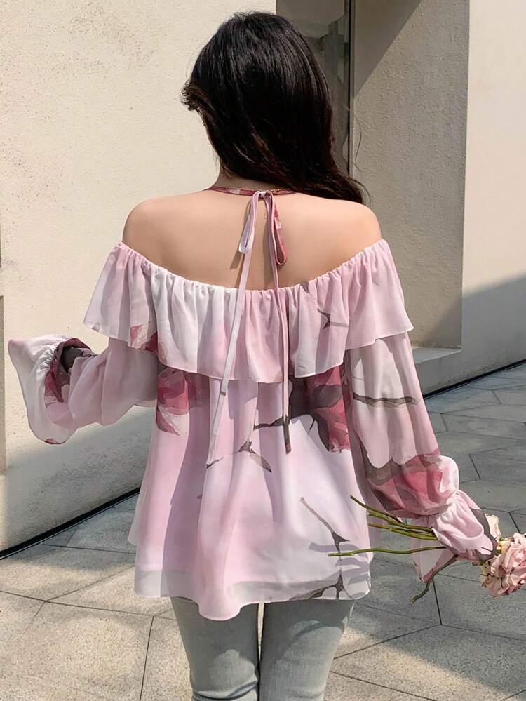 Off Shoulder Loose Fit Long Sleeve Blouse With Ruffle Trim For Women
