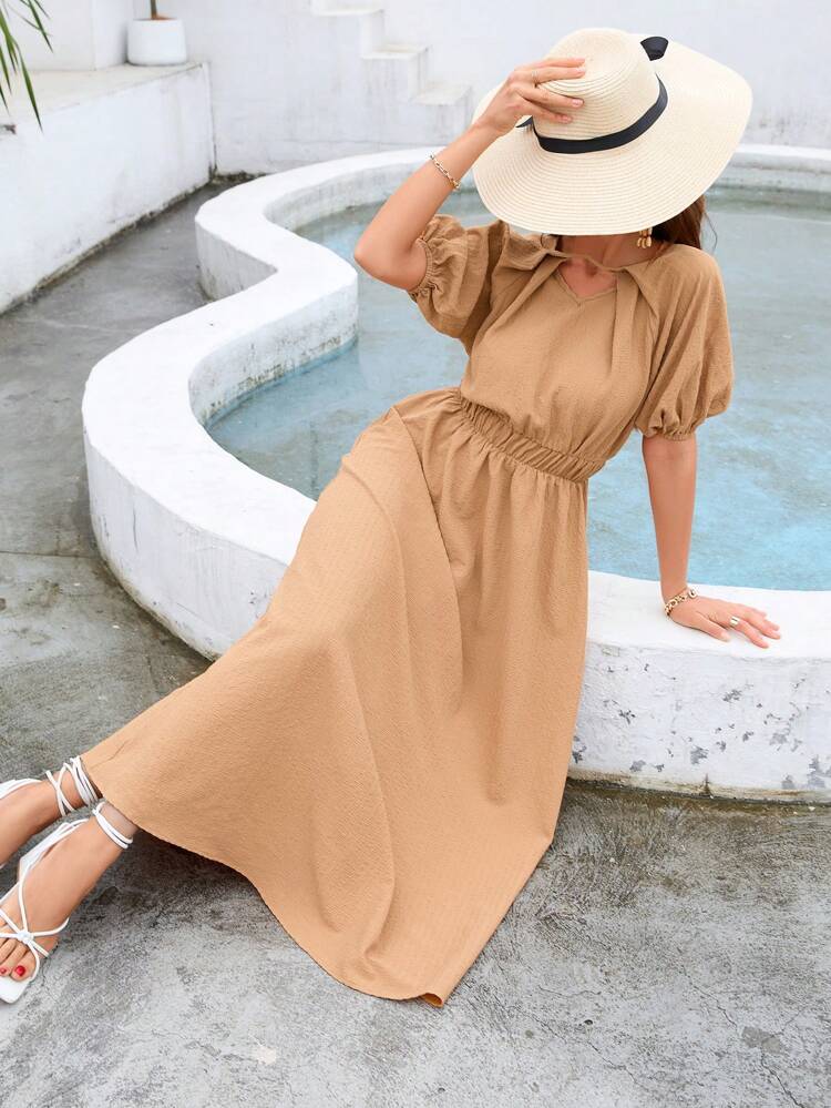 Women's Solid Color Raglan Puff Sleeve Dress With Waist Belt