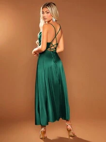 SHEIN BAE Váy Cami màu trơn dành cho nữ có cổ xếp nếp và xẻ bên hông cho những dịp thông thường - Màu xanh lá cây đậm - Xem 2