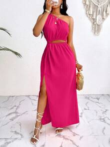VaVaBold Solid Color Asymmetrical Collar One Shoulder Cutout Knot Split Thigh Drawstring Summer Women Beach Dress