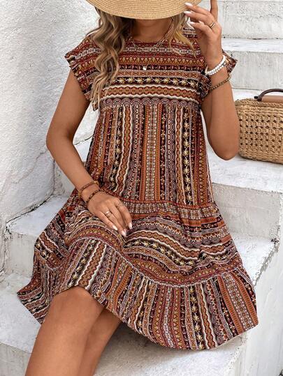 Breezaya Summer Vintage Printed Holiday Dress Vacation Beach Outfits Women