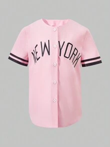 Camisa larga de manga corta sin cuello con patrón de letras y rayas para niña preadolescente para el verano - Rosa - Ver 1