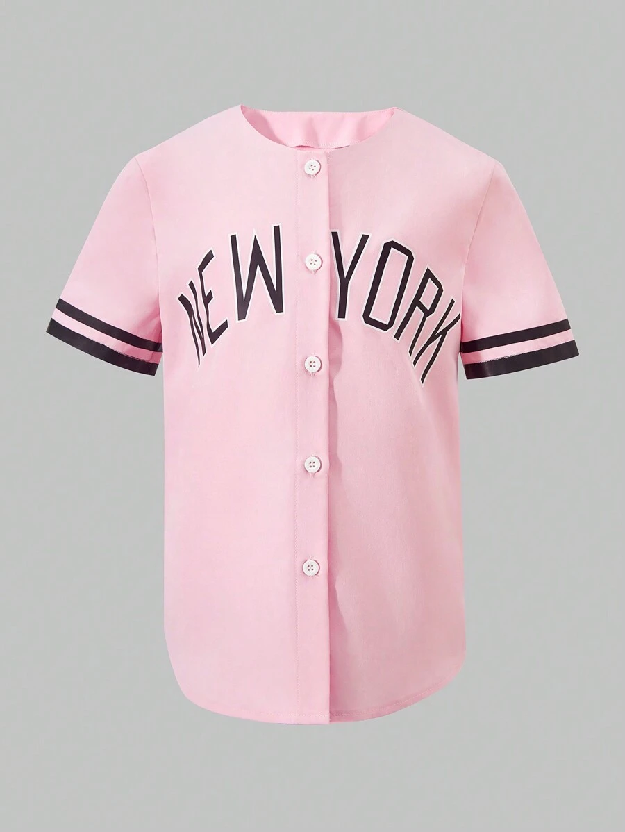 Camisa larga de manga corta sin cuello con patrón de letras y rayas para niña preadolescente para el verano - Rosa - Ver 1