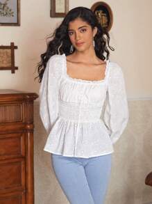 Jolleen Designer Boho Bohemian Women's Business Casual White Drawstring Peplum Hem Top, Holiday, Vacation, Festival, Office - White - View 9