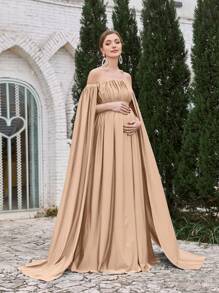 Faeriesty Dressalisa Maternity Ruffled Off Shoulder Long Evening Gown - Champagne - View 3