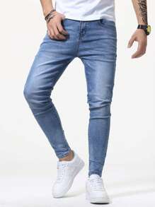 Manfinity Homme Jeans de hombre con lavado de bigotes de gato, de corte slim, de color azul claro lavado, para regalos de esposo o novio, jeans ajustados para hombres, jeans para hombres, jeans de corte slim - Lavado ligero - Ver 7