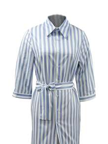 女式条纹印花 3/4 袖连衣裙，休闲前纽扣长裙，适合女士度假装，女士夏季装