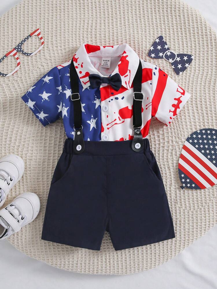 Children Day Printed Short-Sleeved Sports Vest Shorts Suit Shirt + Sports Vest Shorts Suit Gentleman Suit