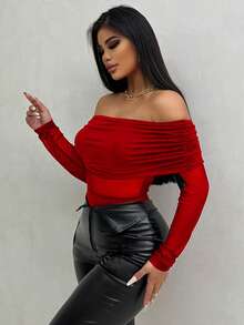 VaVaBold Quý cô Mùa Xuân Mùa hè Ruffle Off Shoulder Tay áo dài Áo liền quần chặt - Màu Đỏ Sâu - Xem 3