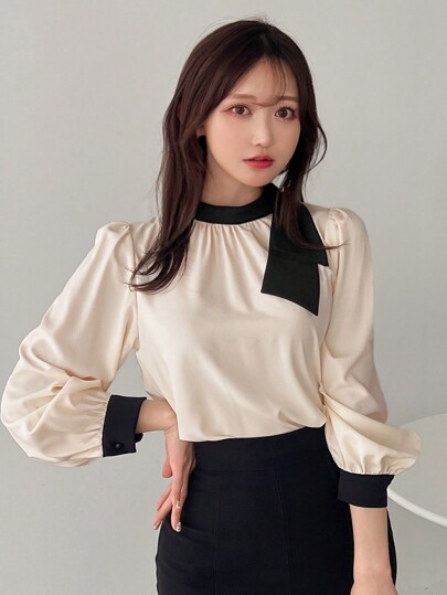 FRIFUL Women's Long Sleeve Color Block Tie Top,Fall Clothes