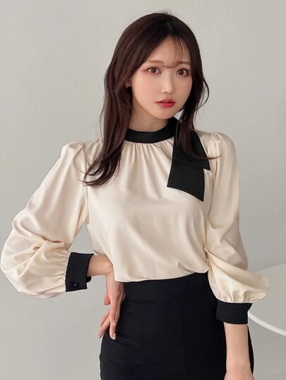 FRIFUL 女式长袖拼色系带上衣，秋装