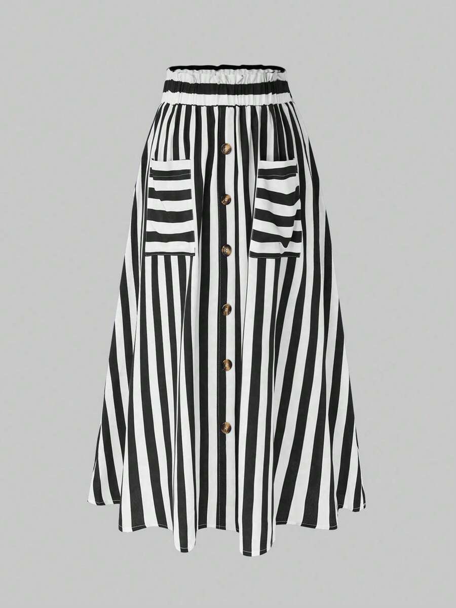 SHEIN LUNE Women's Plus Size Fashionable Striped Patchwork A-Line Skirt - Black and White - View 1