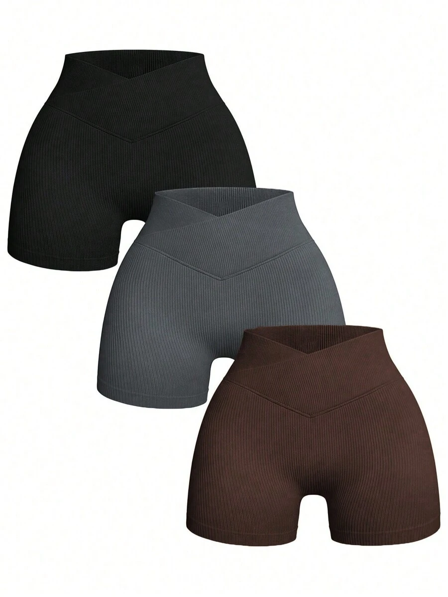 Easithlete 3pcs High Waist Cross Waistband Ribbed Sports Shorts For Abdominal Control & Hip Lifting Legging Shorts - Multicolor - View 1