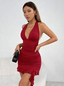 SHEIN PETITE Vestido De Halter Con Cuello En V Profundo Y Plisado Para Mujer, De Moda Para El Verano - Burdeos - Ver 6