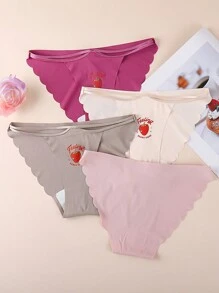 4 Piezas/pack Ropa Interior De Mujer Cómoda Sin Costuras Con Estampado De Fresa