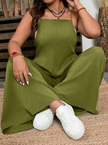 SHEIN LUNE Plus Size Textured Fabric Square Neck Casual Jumpsuit, Suitable For Indoor & Outdoor Wear - Army Green - View 3