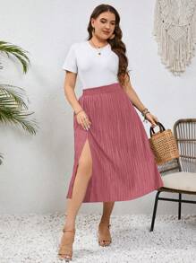 SHEIN Frenchy Plus Size High-Waisted Slit Summer Vacation Skirt - Rose Red - View 5
