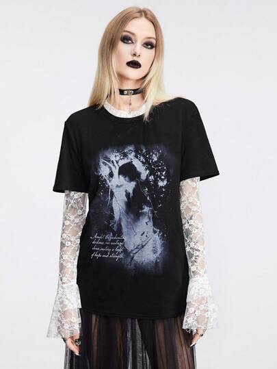 Goth Camiseta de punto con diseño de 2 en 1, cuello de encaje y mangas trompeta, con estampado de bosque de hadas para mujeres