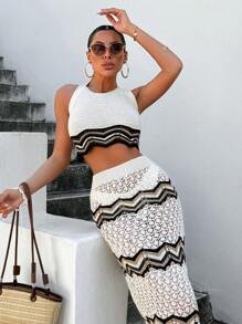 RueChic Completo donna composto da top a collo alto lavorato a maglia e gonna, per vacanza al mare in estate