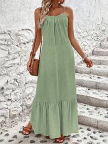 Breezaya 夏季休閒質感粘膠cami連衣裙,有荷葉邊適合戶外活動穿著 - 綠色 - 查看 1