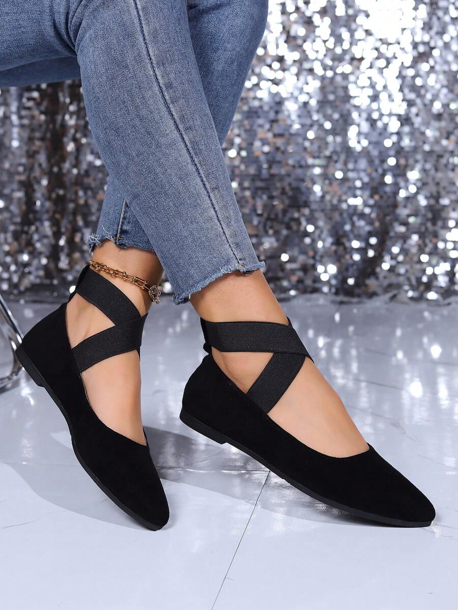 Quý cô Mùa Xuân Mùa thu Đen Ngoài trời Đàn hồi Dây đai Pointed Toe , Bằng phẳng Giải trí Giày dép - màu đen - Xem 1