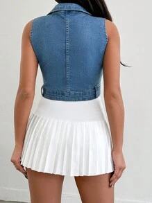 EURMUSE Women's Collared Sleeveless Denim Vest With Zipper Front - Blue - View 2