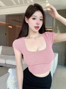 DAZY Top de punto corto con cuello cuadrado y ajuste ceñido de unicolor, tops lindos - Rosa - Ver 5