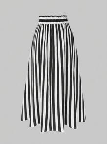 SHEIN LUNE Women's Plus Size Fashionable Striped Patchwork A-Line Skirt - Black and White - View 2