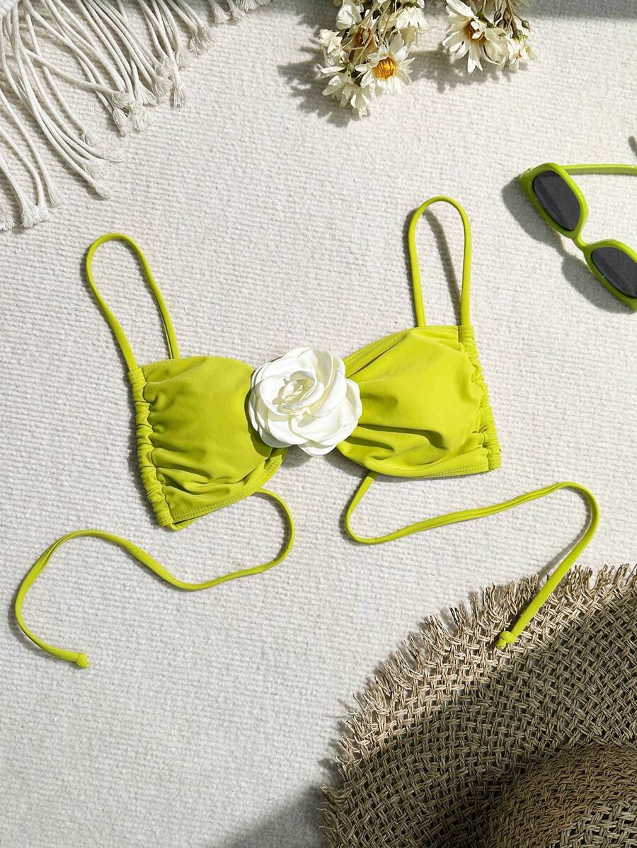 SHEIN Swim Vcay Summer Beach Ladies' Floral Decorated Cami Bikini Top - Olive Green - View 1