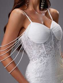 Váy cưới chữ A thêu hoa có đuôi dài dành cho nữ, trang phục dự tiệc toàn màu trắng - trắng - Xem 3