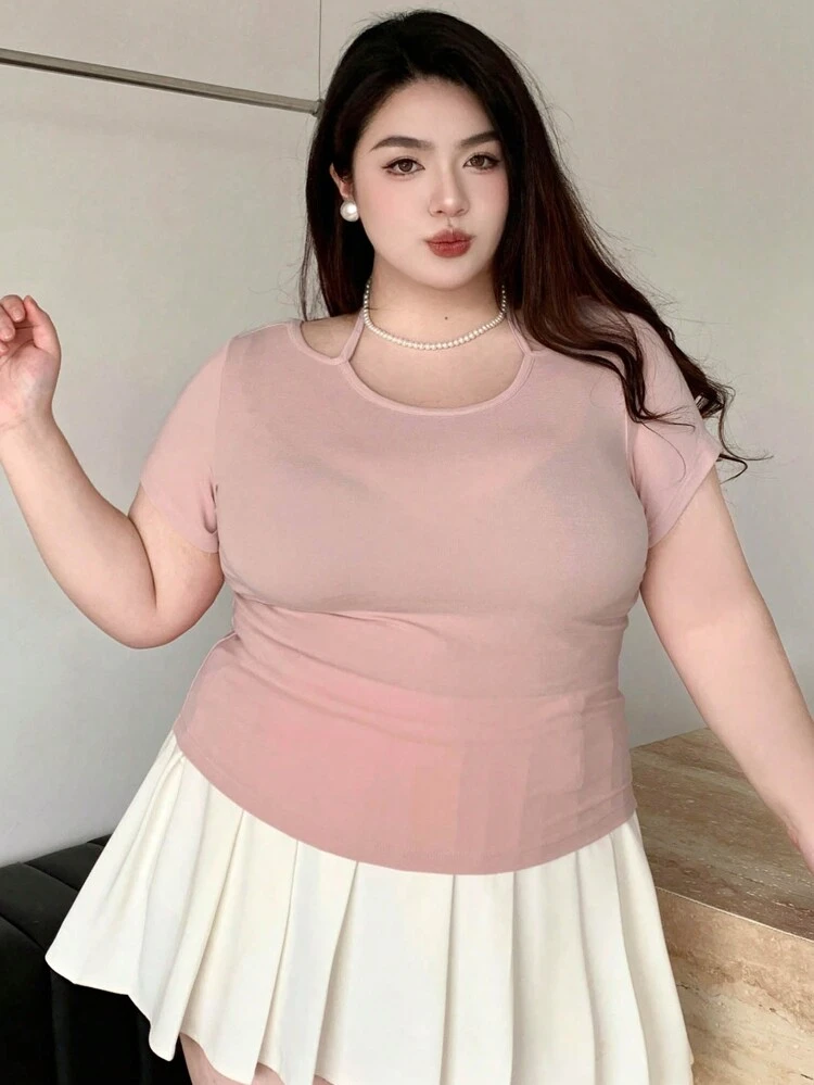 Dazy Plus Plus Size Women's Solid Color Halter Neck Slim Fit Short Sleeve T-Shirt For Summer