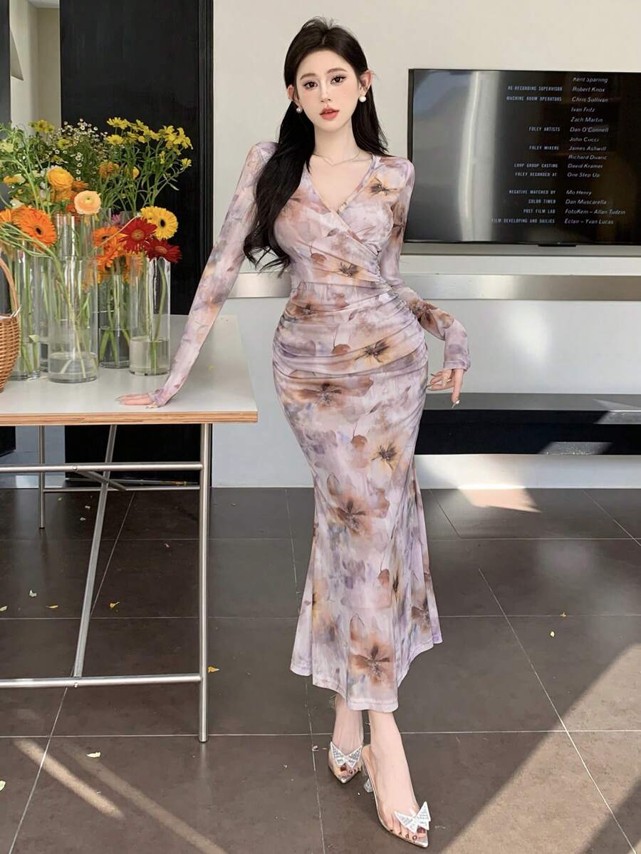 DAZY 春季印花V领高低摆连衣裙，生日、新年、秋季舞会礼服，优雅女士连衣裙，复活节长裙 - 彩色 - 查看 1