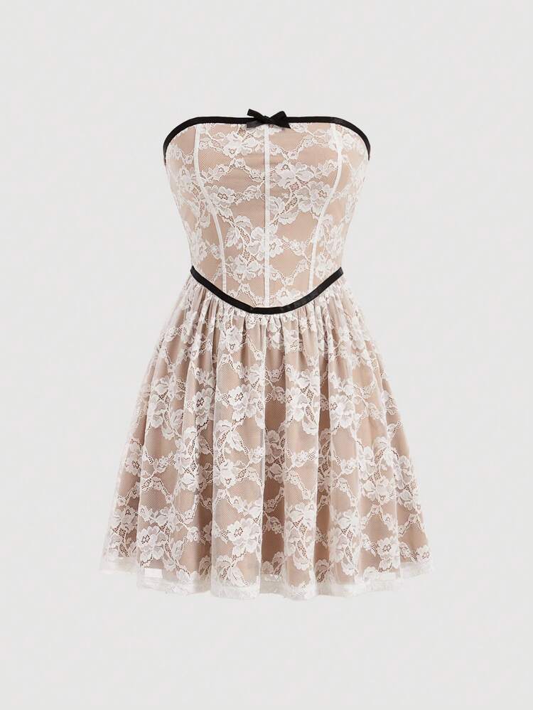 Women's Strapless Lace Bow Knot Contrast Color A-Line Dress With Jacquard Ribbon