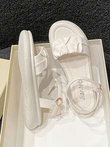 少女適用的夏季時尚平底涼鞋,適合度假、休閒、旅行、日常穿著,米色 - 米色 - 查看 2