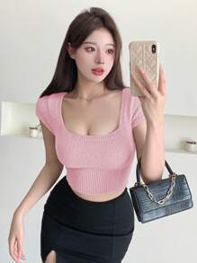 DAZY Top de punto corto con cuello cuadrado y ajuste ceñido de unicolor, tops lindos - Rosa - Ver 4