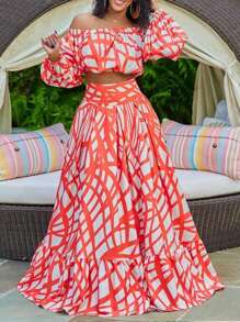 Slaydiva Conjunto De Falda Midi Acampanada Y Top De Manga Larga Con Hombros Descubiertos Para Mujer De Talla Grande