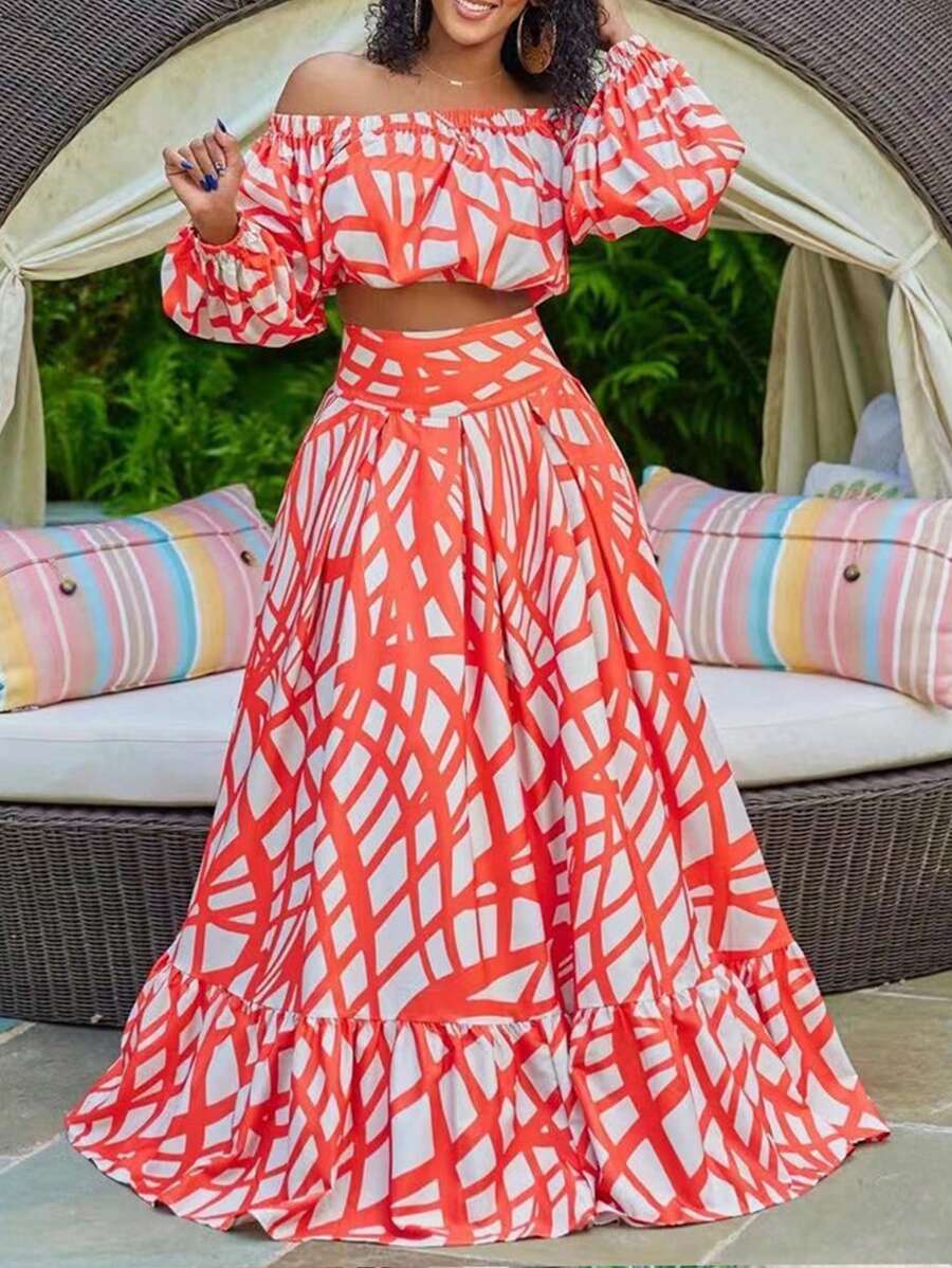 Slaydiva Plus Size Women's Off Shoulder Printed Long Sleeve Top And Flared Midi Skirt Set,Holiday Outfits Boho - Orange - View 1