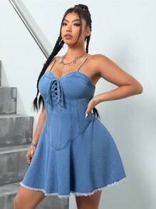 SHEIN ICON Plus Size Women's Denim Tie Shoulder Strap Dress With Frayed Hem - Blue - View 6